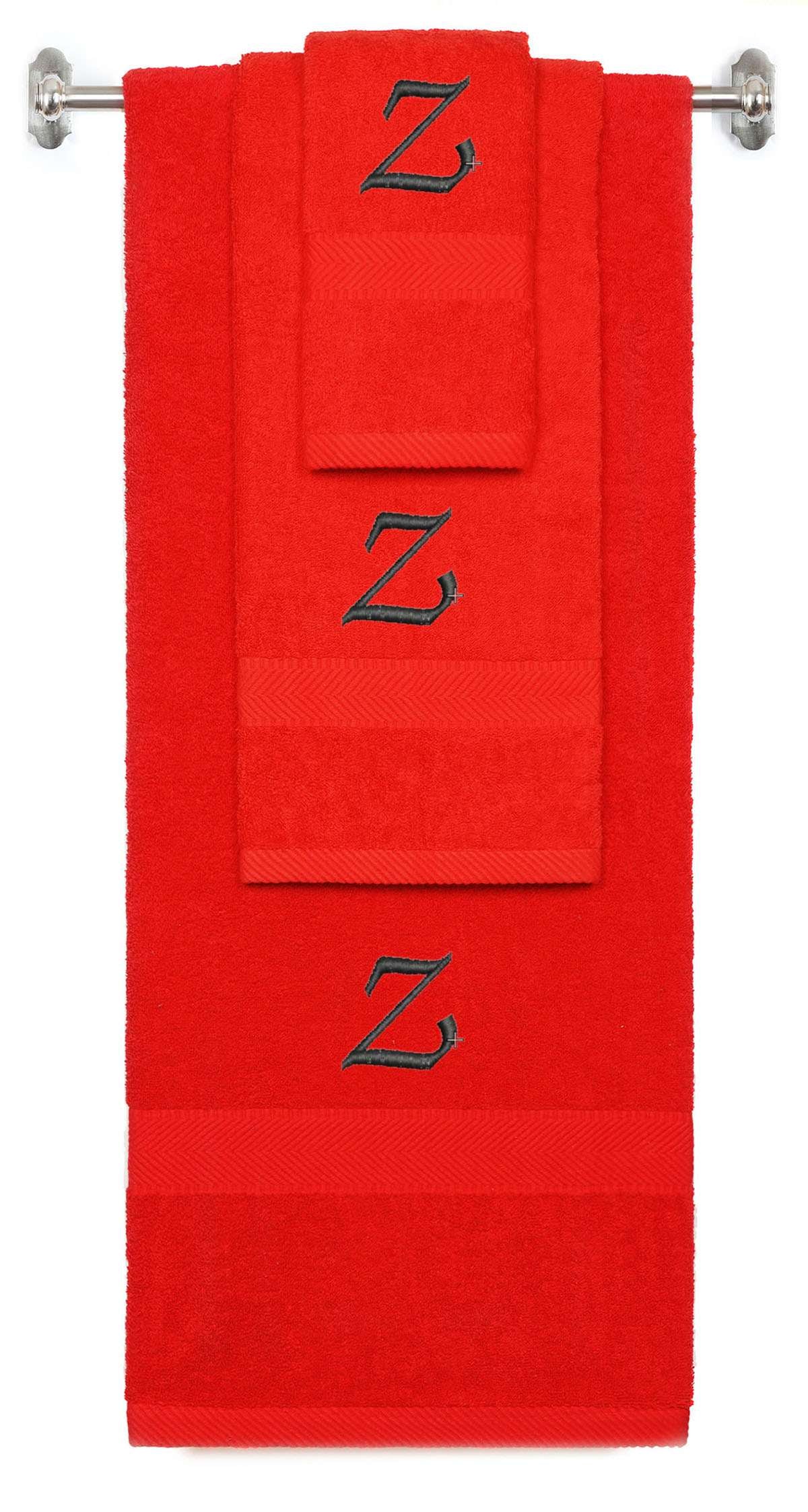 Red monogrammed towel set with Black thread, Chancery font, initial Z - 540 GSM cotton 3-piece