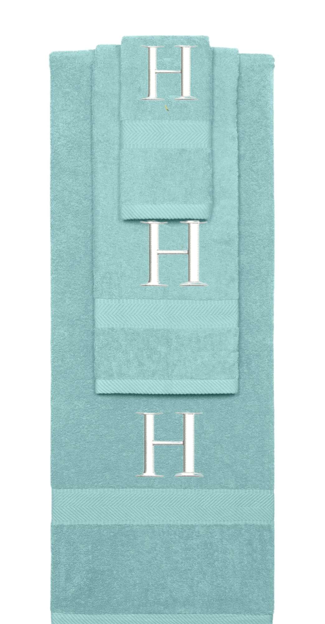 Nautical Teal monogrammed towel set with White thread, Times New Roman font, initial H - 540 GSM cotton 3-piece
