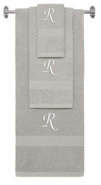 Silver monogrammed towel set with White thread, Chancery font, initial R - 540 GSM cotton 3-piece