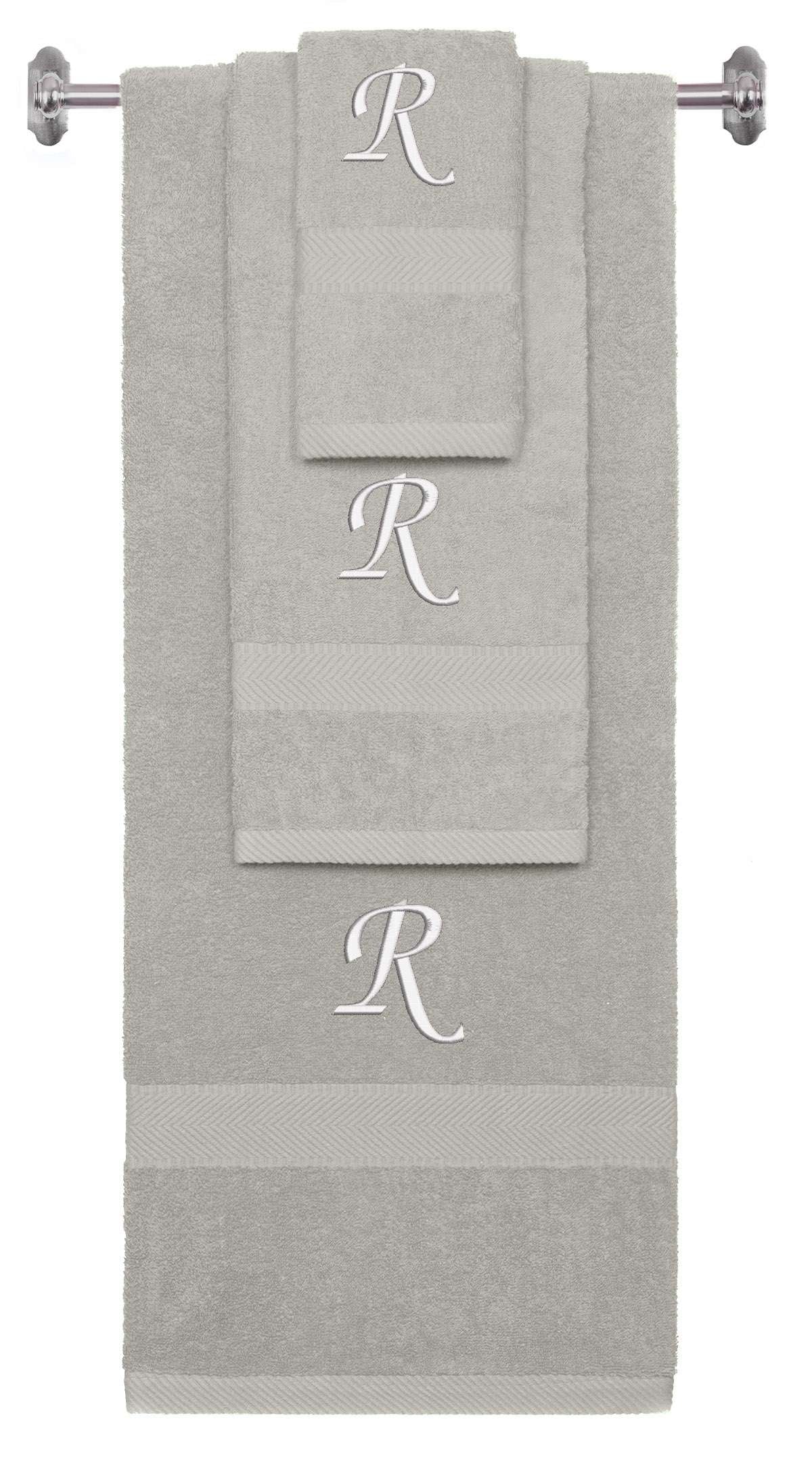 Silver monogrammed towel set with White thread, Chancery font, initial R - 540 GSM cotton 3-piece