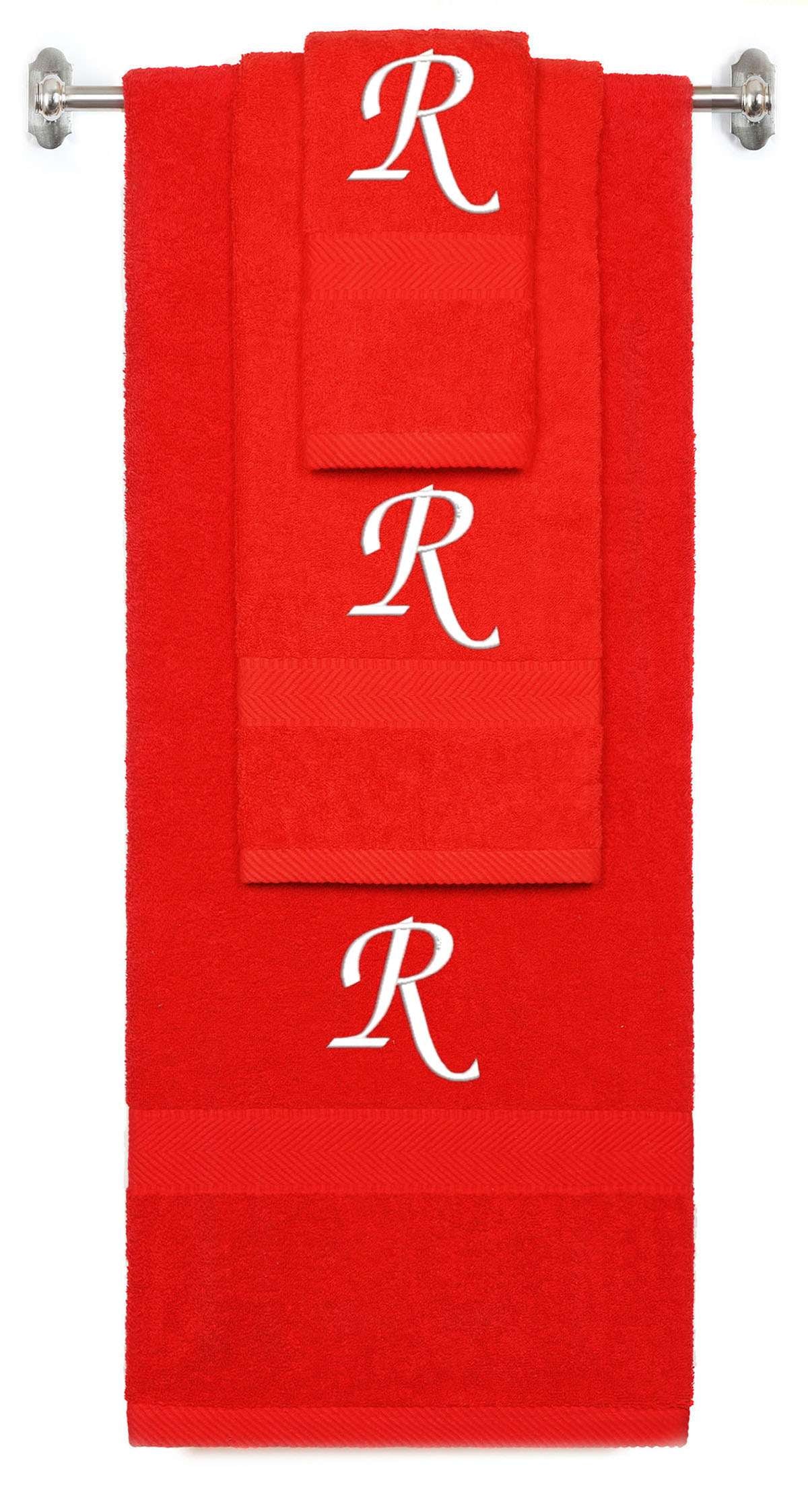 Red monogrammed towel set with White thread, Chancery font, initial R - 540 GSM cotton 3-piece