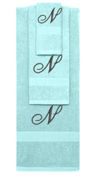 Nautical Teal monogrammed towel set with Black thread, Diana Script font, initial N - 540 GSM cotton 3-piece