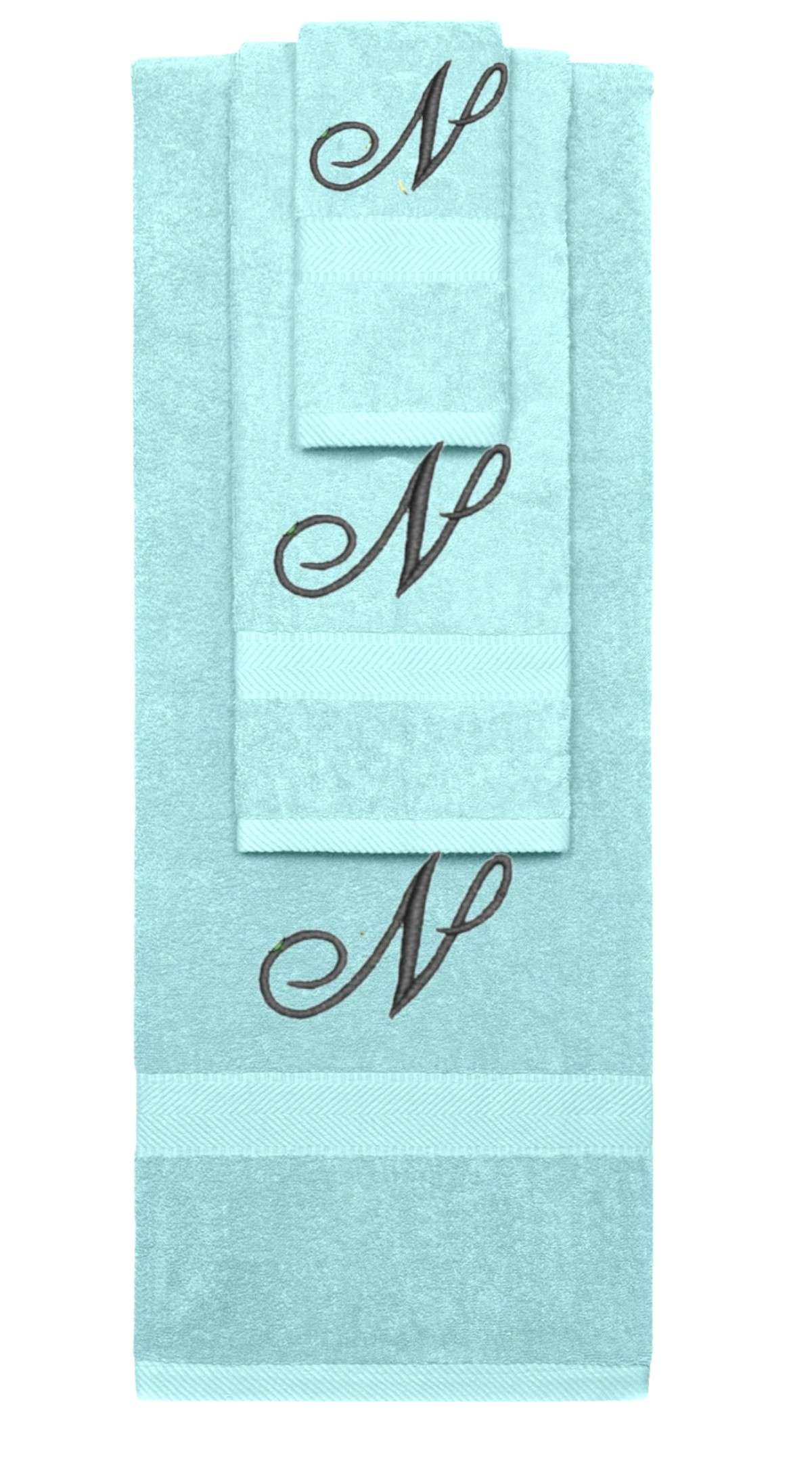 Nautical Teal monogrammed towel set with Black thread, Diana Script font, initial N - 540 GSM cotton 3-piece