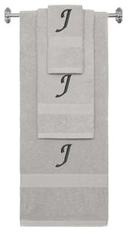 Silver monogrammed towel set with Black thread, Chancery font, initial J - 540 GSM cotton 3-piece