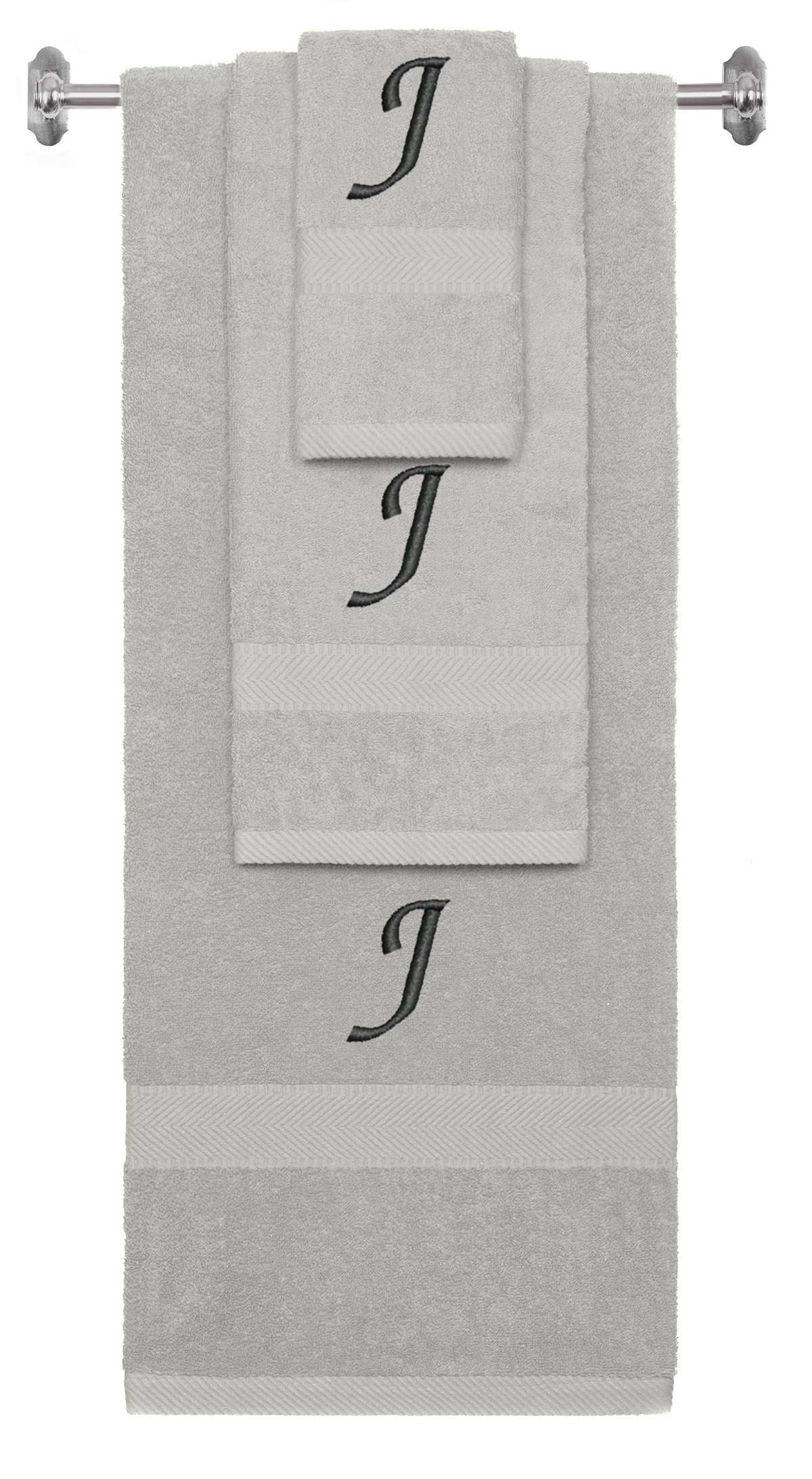 Silver monogrammed towel set with Black thread, Chancery font, initial J - 540 GSM cotton 3-piece