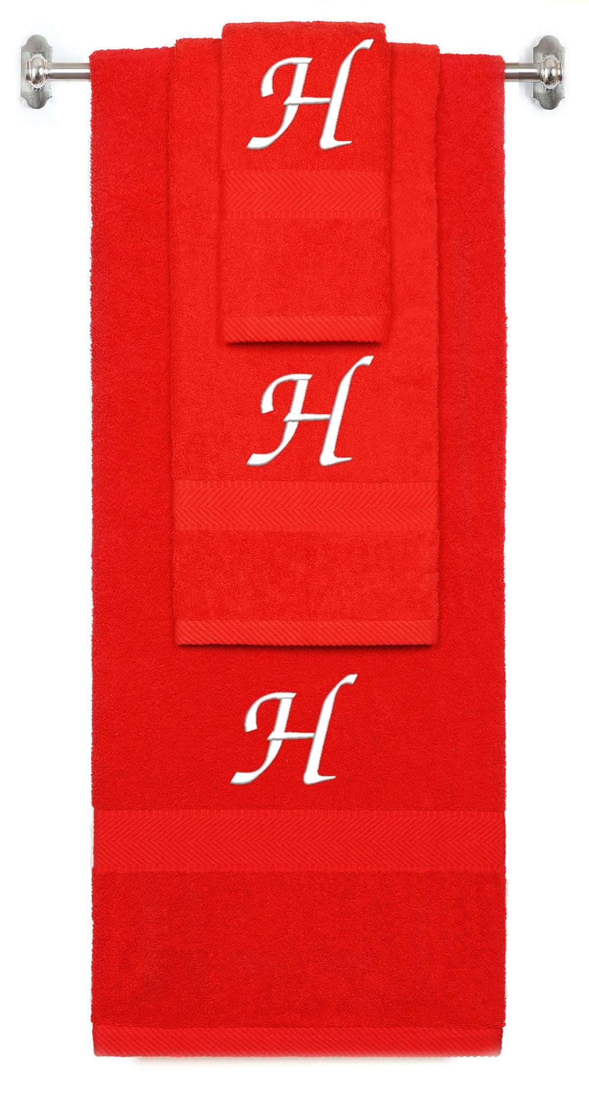 Red monogrammed towel set with White thread, Chancery font, initial H - 540 GSM cotton 3-piece