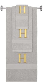 Silver monogrammed towel set with Gold thread, Times New Roman font, initial H - 540 GSM cotton 3-piece