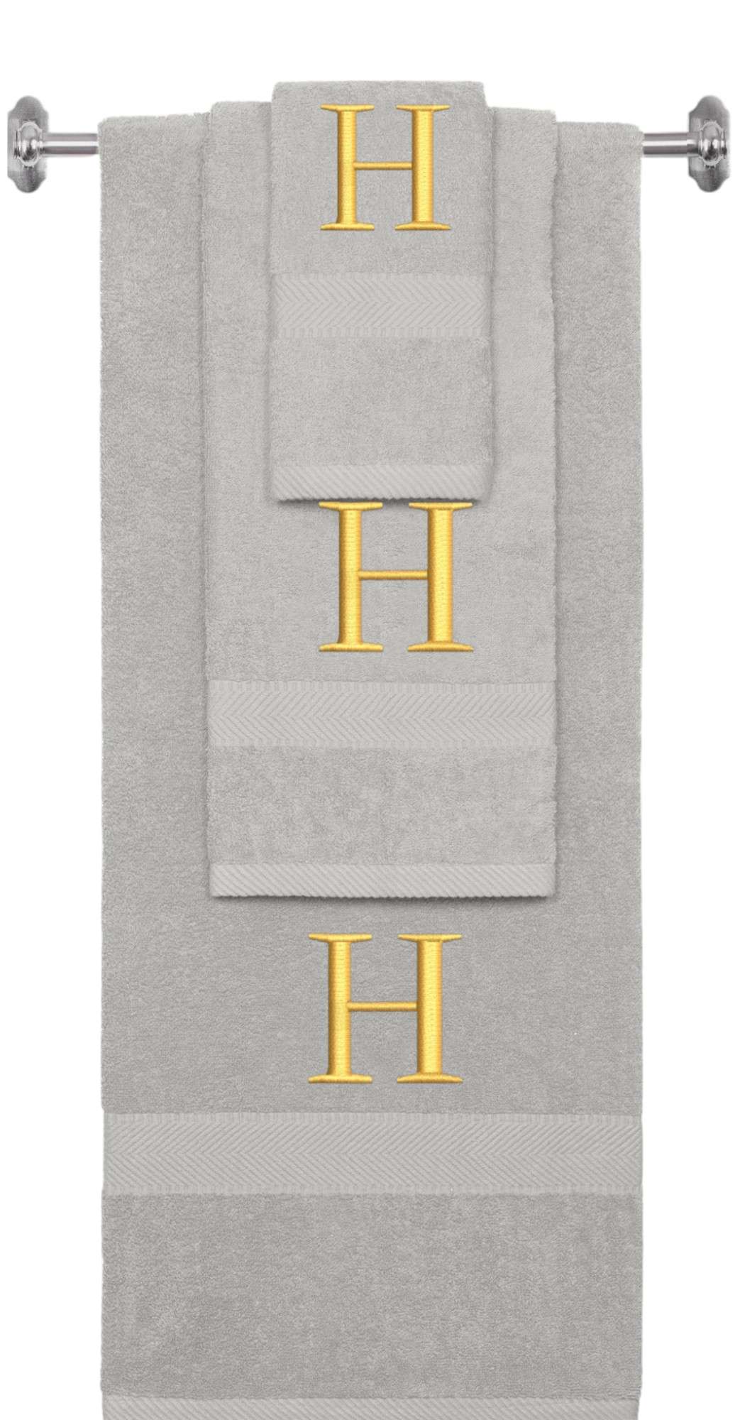 Silver monogrammed towel set with Gold thread, Times New Roman font, initial H - 540 GSM cotton 3-piece