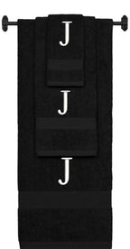 Black monogrammed towel set with White thread, Times New Roman font, initial J - 540 GSM cotton 3-piece