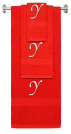Red monogrammed towel set with Silver thread, Chancery font, initial Y - 540 GSM cotton 3-piece
