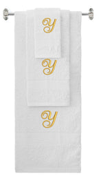 White monogrammed towel set with Gold thread, Diana Script font, initial Y - 540 GSM cotton 3-piece