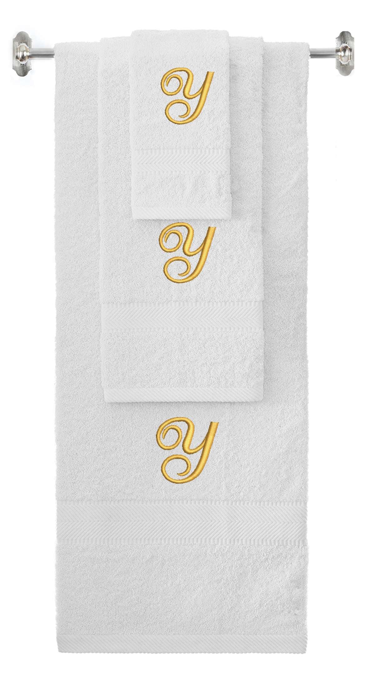 White monogrammed towel set with Gold thread, Diana Script font, initial Y - 540 GSM cotton 3-piece