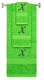 Lime monogrammed towel set with Black thread, Chancery font, initial X - 540 GSM cotton 3-piece