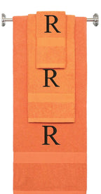 Orange monogrammed towel set with Black thread, Times New Roman font, initial R - 540 GSM cotton 3-piece
