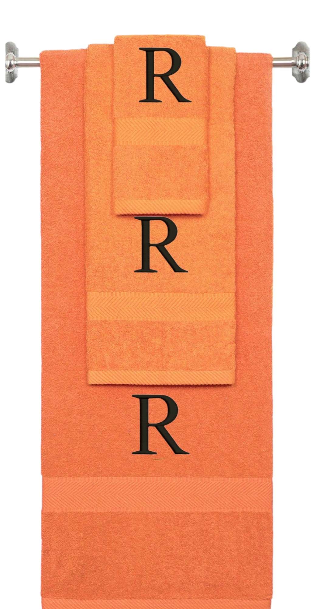 Orange monogrammed towel set with Black thread, Times New Roman font, initial R - 540 GSM cotton 3-piece