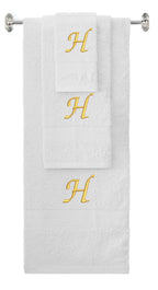 White monogrammed towel set with Gold thread, Chancery font, initial H - 540 GSM cotton 3-piece