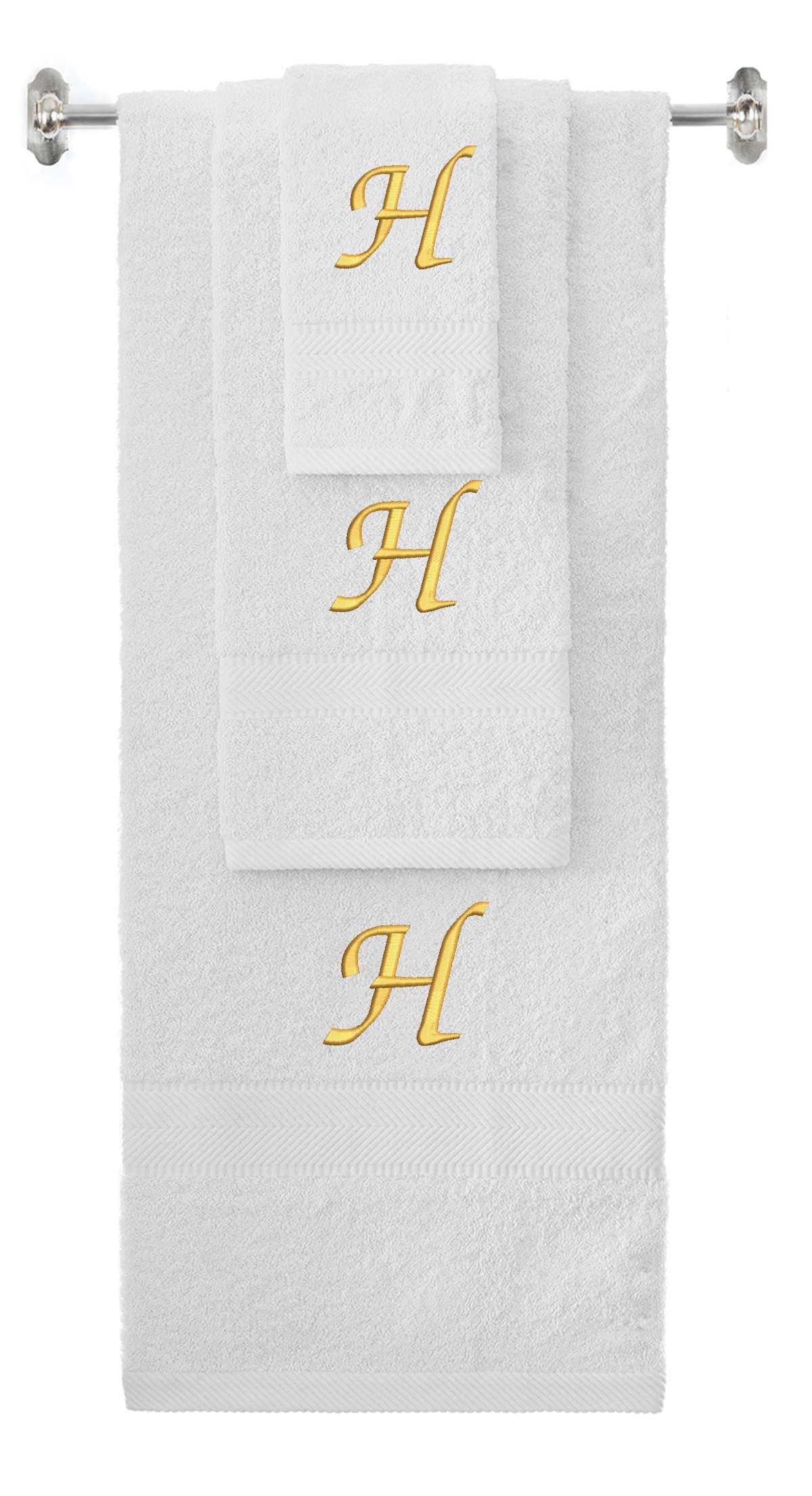 White monogrammed towel set with Gold thread, Chancery font, initial H - 540 GSM cotton 3-piece