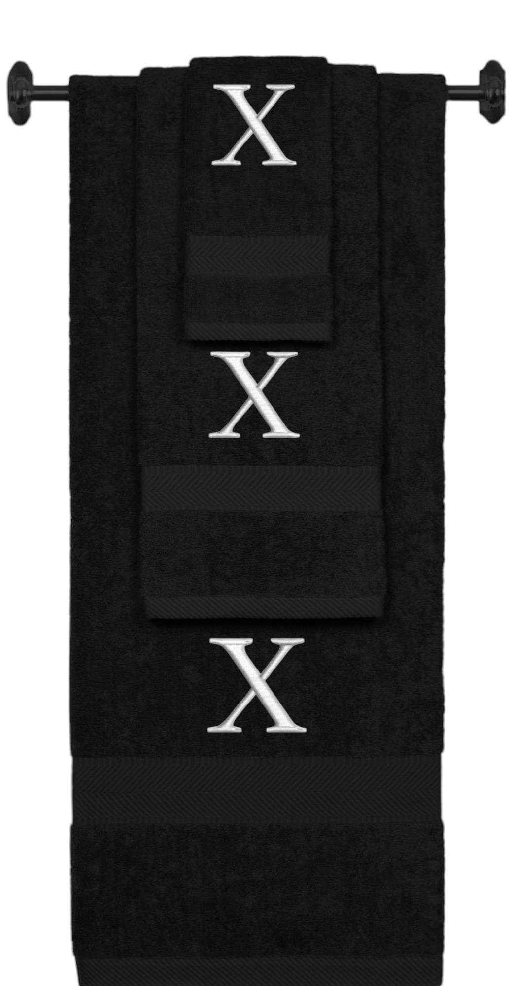 Black monogrammed towel set with Silver thread, Times New Roman font, initial X - 540 GSM cotton 3-piece
