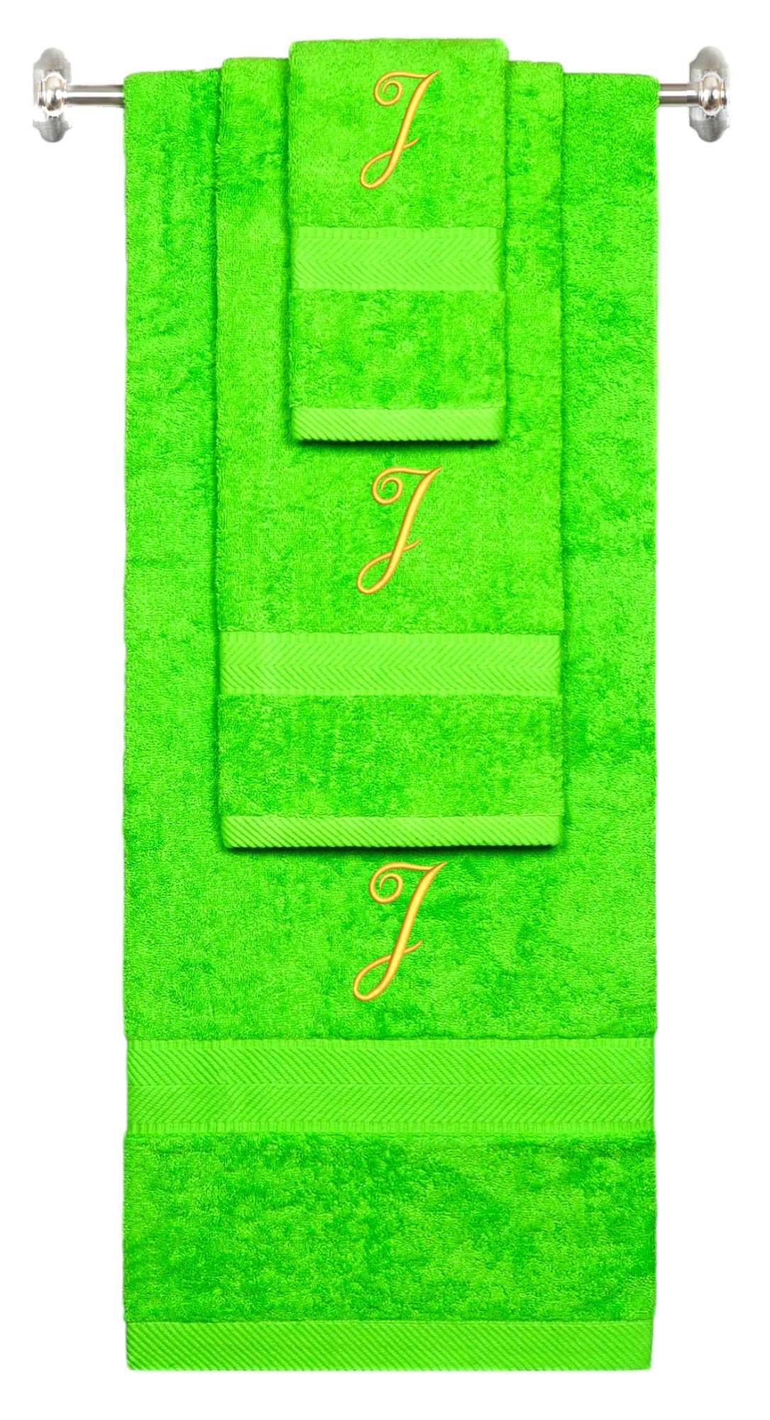 Lime monogrammed towel set with Gold thread, Diana Script font, initial J - 540 GSM cotton 3-piece