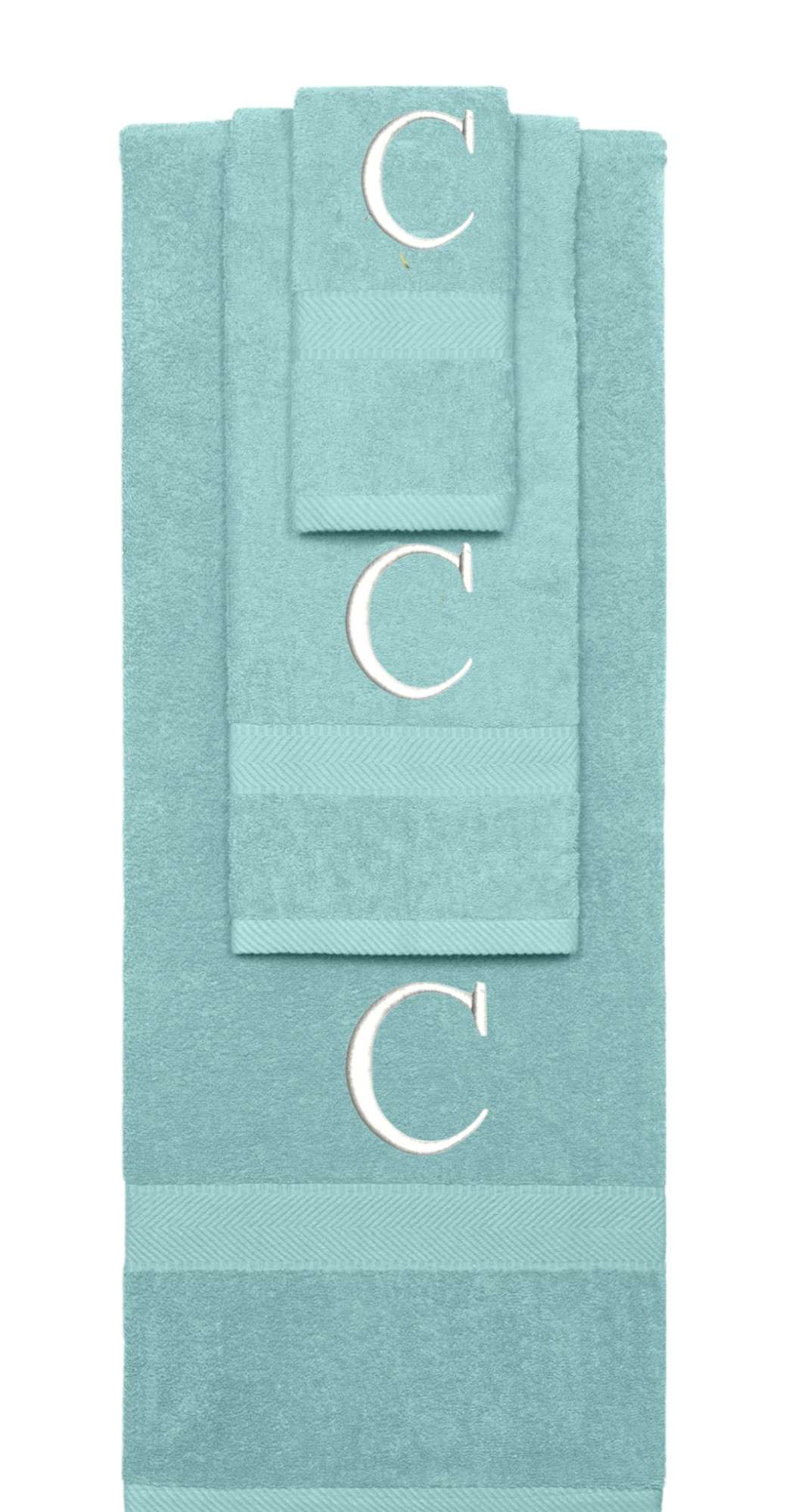 Nautical Teal monogrammed towel set with White thread, Times New Roman font, initial C - 540 GSM cotton 3-piece