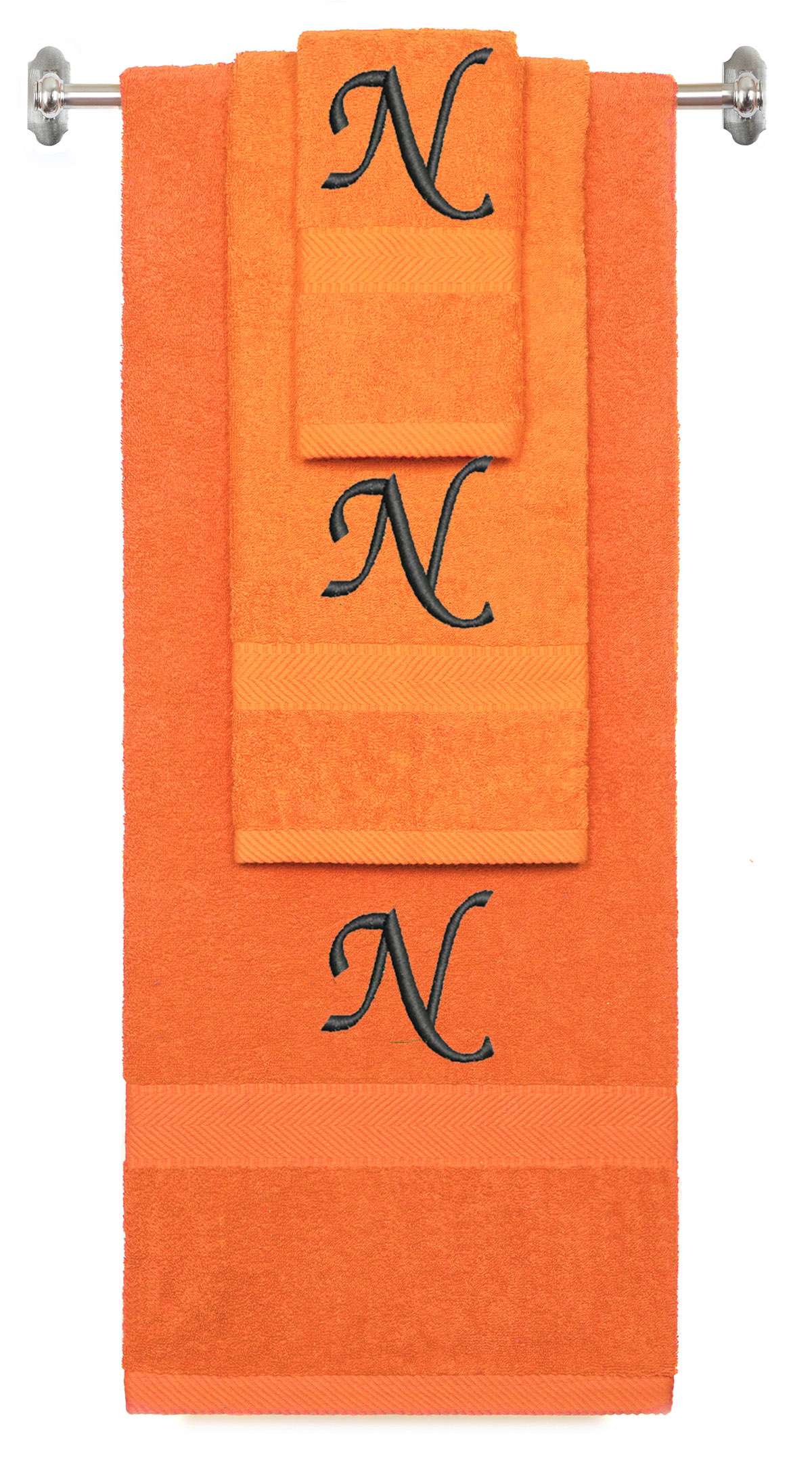 Orange monogrammed towel set with Black thread, Chancery font, initial M - 540 GSM cotton 3-piece
