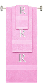 Pink monogrammed towel set with White thread, Times New Roman font, initial R - 540 GSM cotton 3-piece
