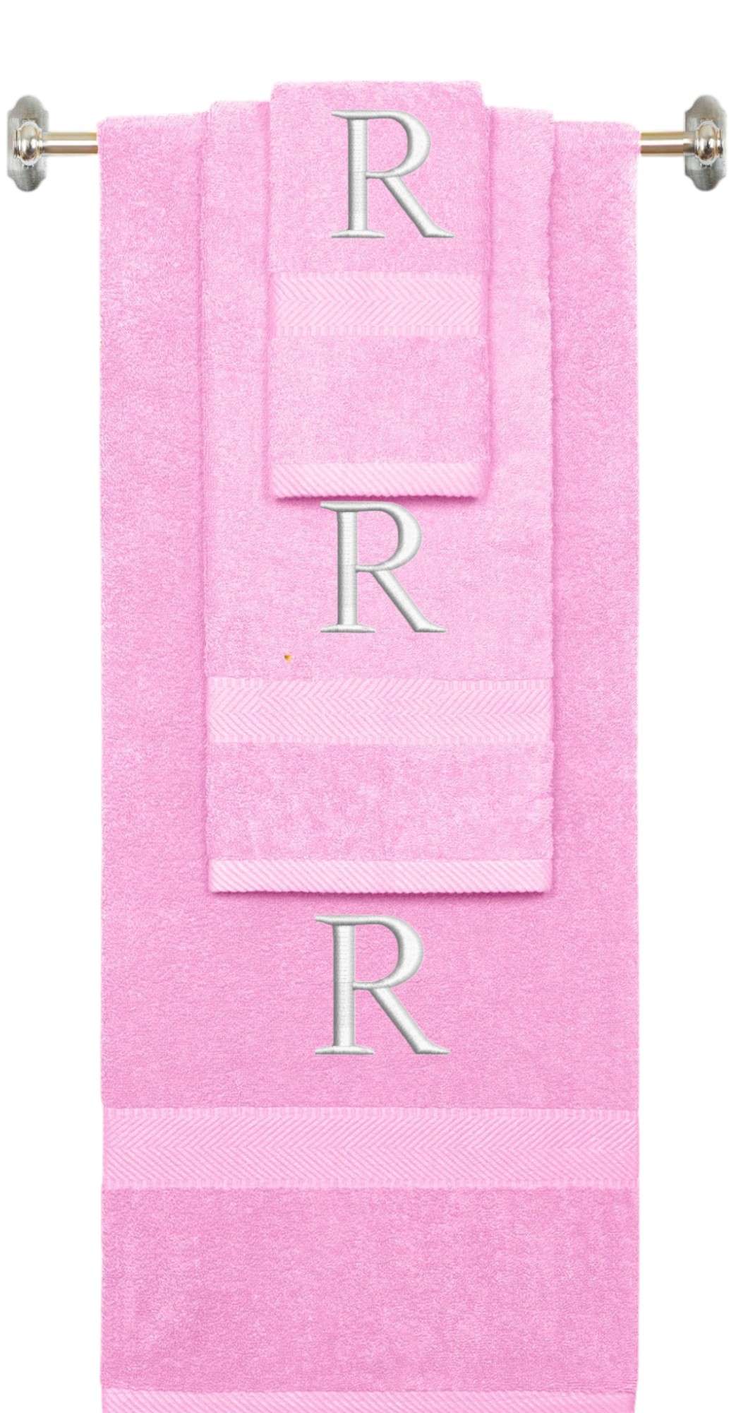 Pink monogrammed towel set with White thread, Times New Roman font, initial R - 540 GSM cotton 3-piece