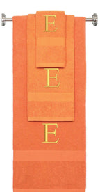 Orange monogrammed towel set with Gold thread, Times New Roman font, initial E - 540 GSM cotton 3-piece