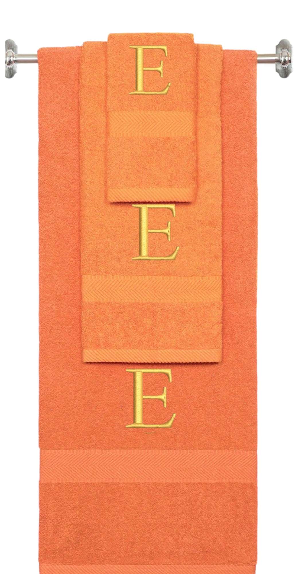 Orange monogrammed towel set with Gold thread, Times New Roman font, initial E - 540 GSM cotton 3-piece