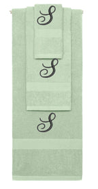 Mint Green monogrammed towel set with Black thread, Diana Script font, initial S - 540 GSM cotton 3-piece