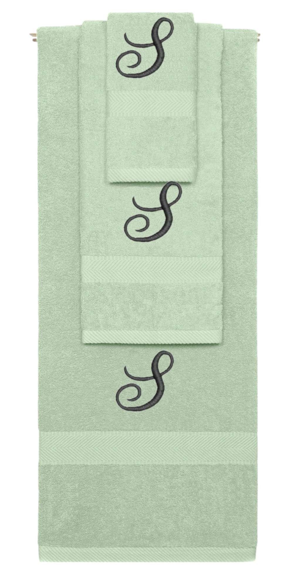 Mint Green monogrammed towel set with Black thread, Diana Script font, initial S - 540 GSM cotton 3-piece