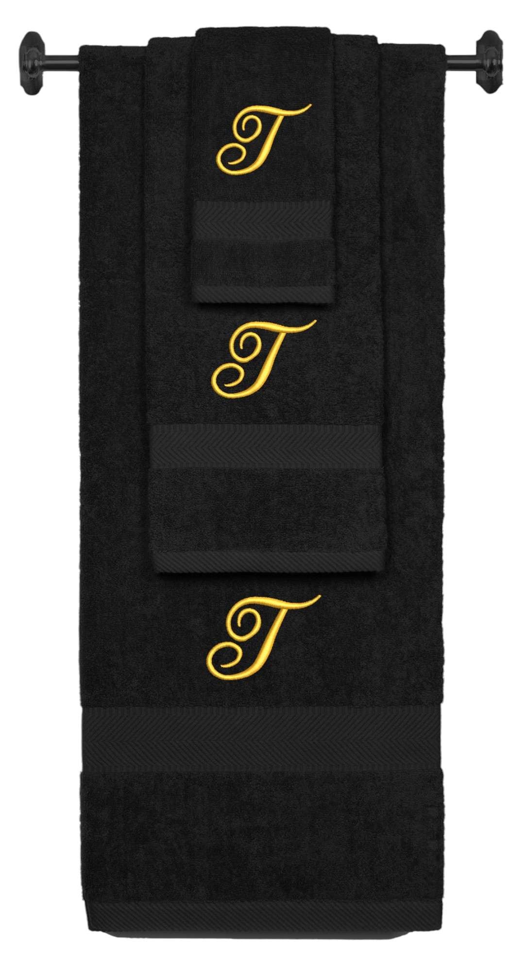 Black monogrammed towel set with Gold thread, Diana Script font, initial T - 540 GSM cotton 3-piece