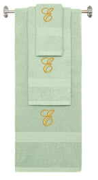 Mint Green monogrammed towel set with Gold thread, Diana Script font, initial E - 540 GSM cotton 3-piece