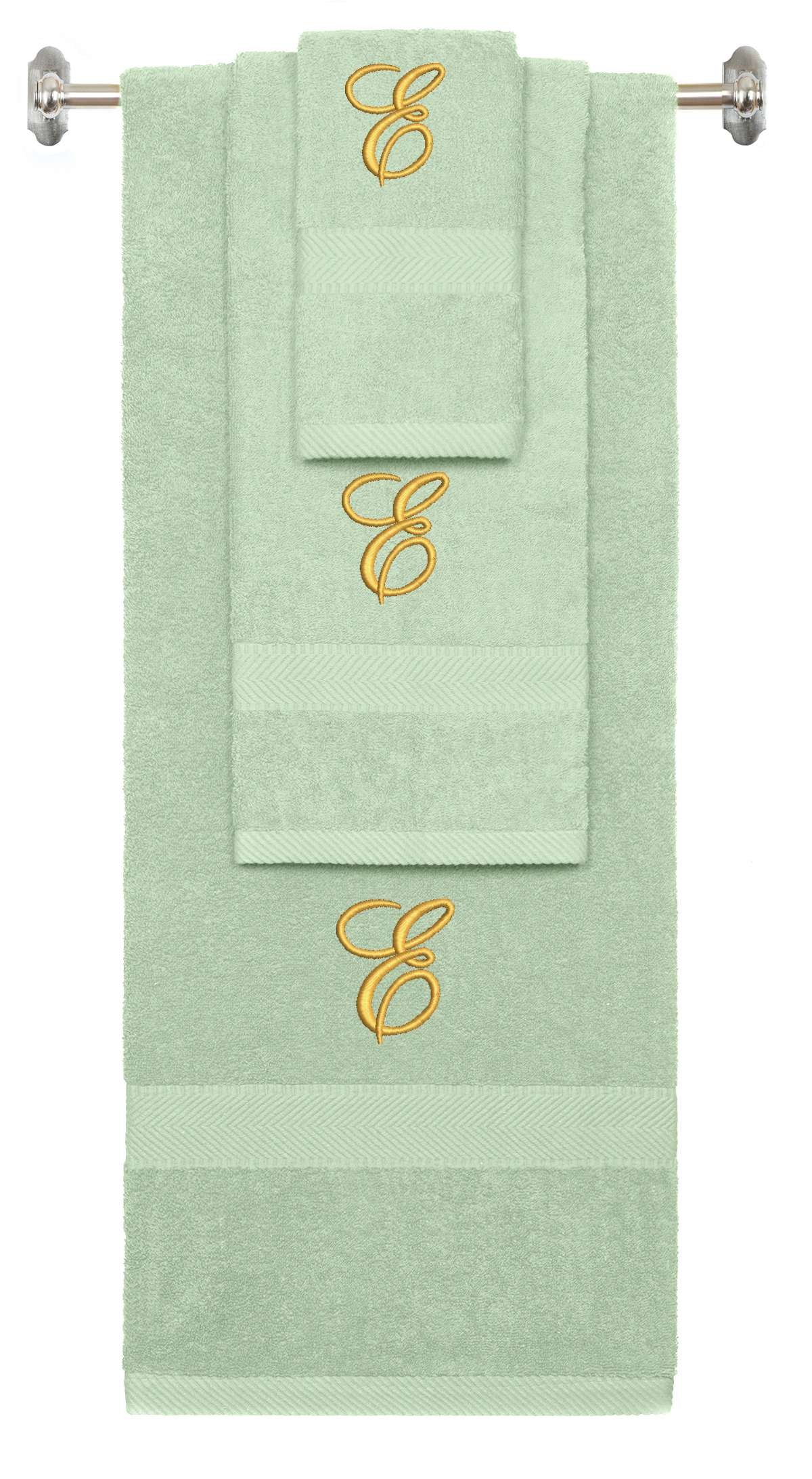 Mint Green monogrammed towel set with Gold thread, Diana Script font, initial E - 540 GSM cotton 3-piece