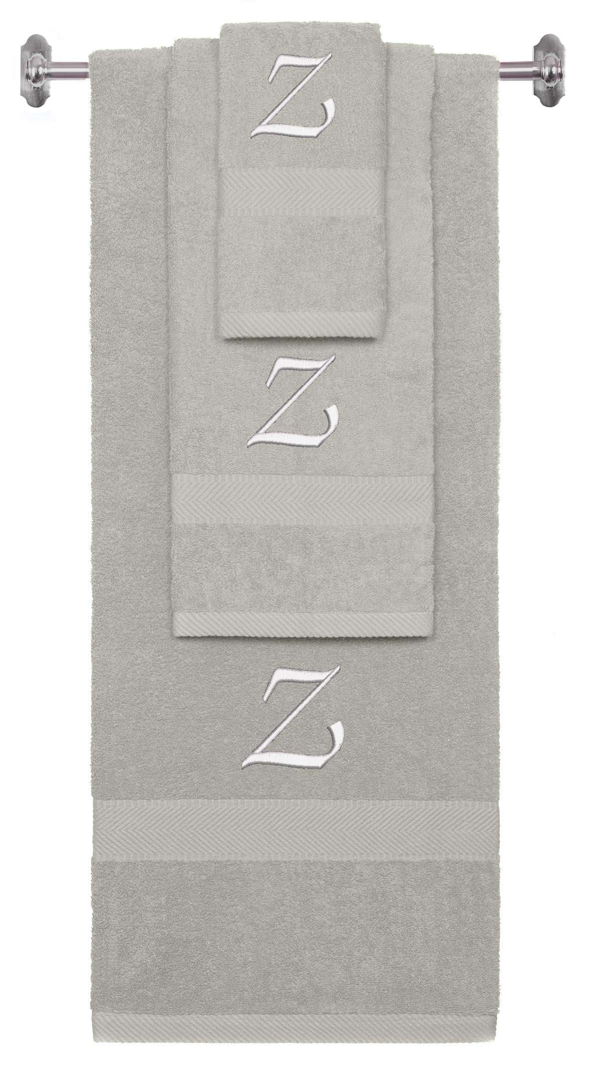 Silver monogrammed towel set with White thread, Chancery font, initial Z - 540 GSM cotton 3-piece