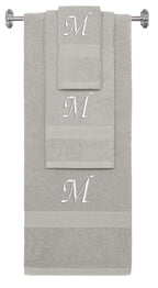 Silver monogrammed towel set with White thread, Chancery font, initial M - 540 GSM cotton 3-piece