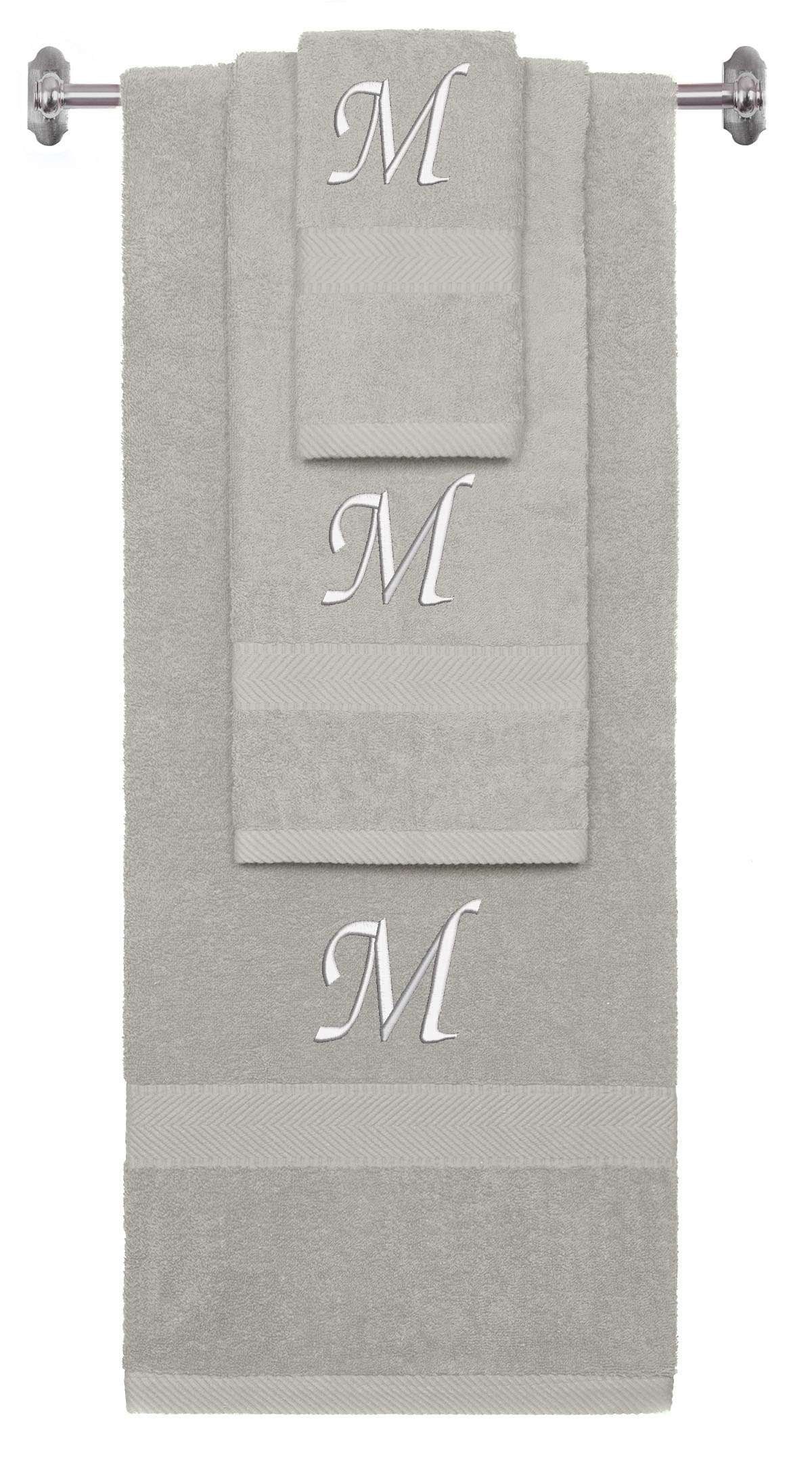 Silver monogrammed towel set with White thread, Chancery font, initial M - 540 GSM cotton 3-piece