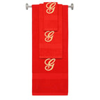 Red monogrammed towel set with Gold thread, Diana Script font, initial G - 540 GSM cotton 3-piece