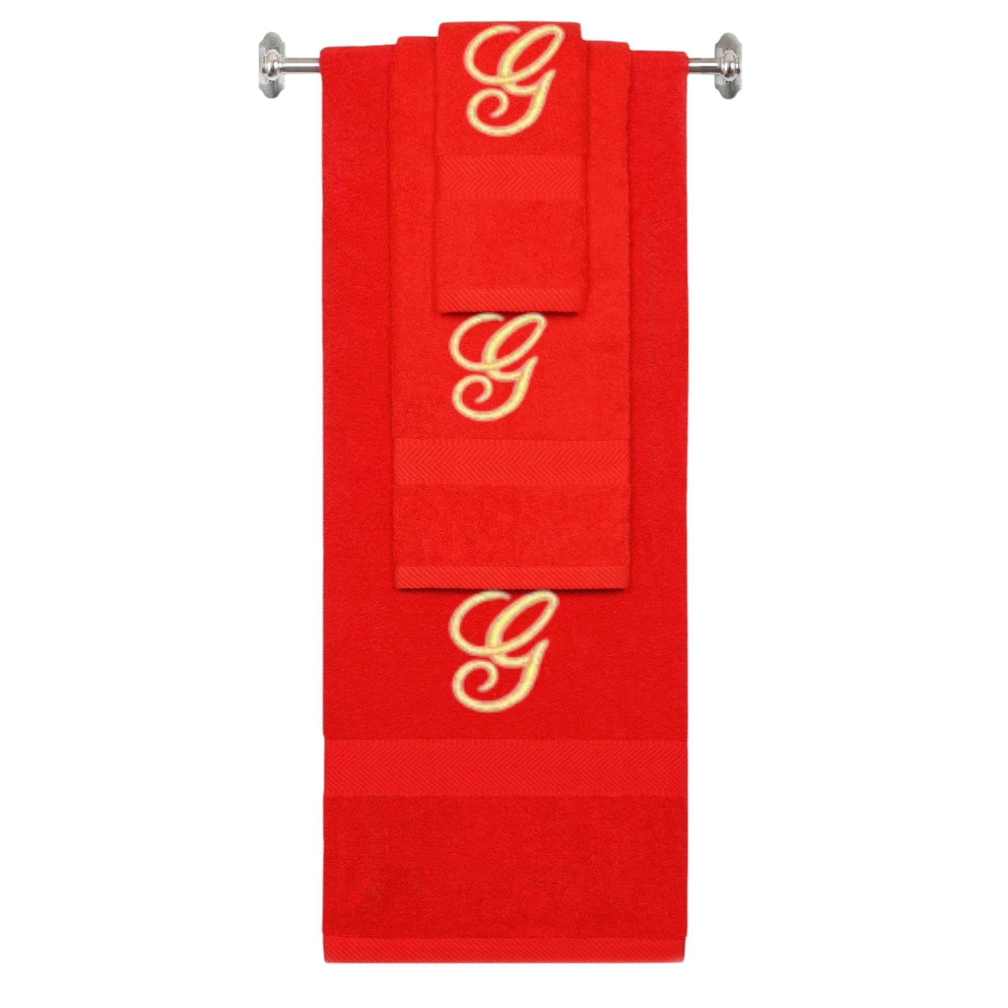 Red monogrammed towel set with Gold thread, Diana Script font, initial G - 540 GSM cotton 3-piece