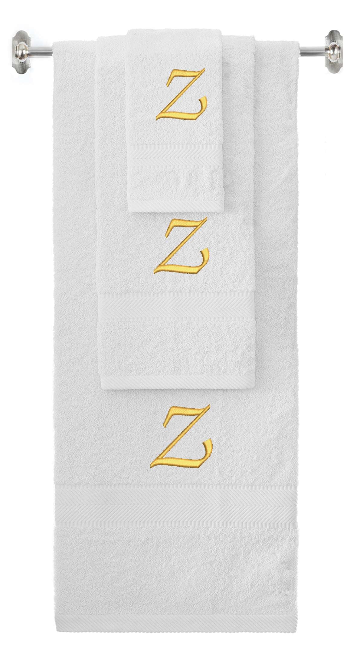 White monogrammed towel set with Gold thread, Chancery font, initial Z - 540 GSM cotton 3-piece
