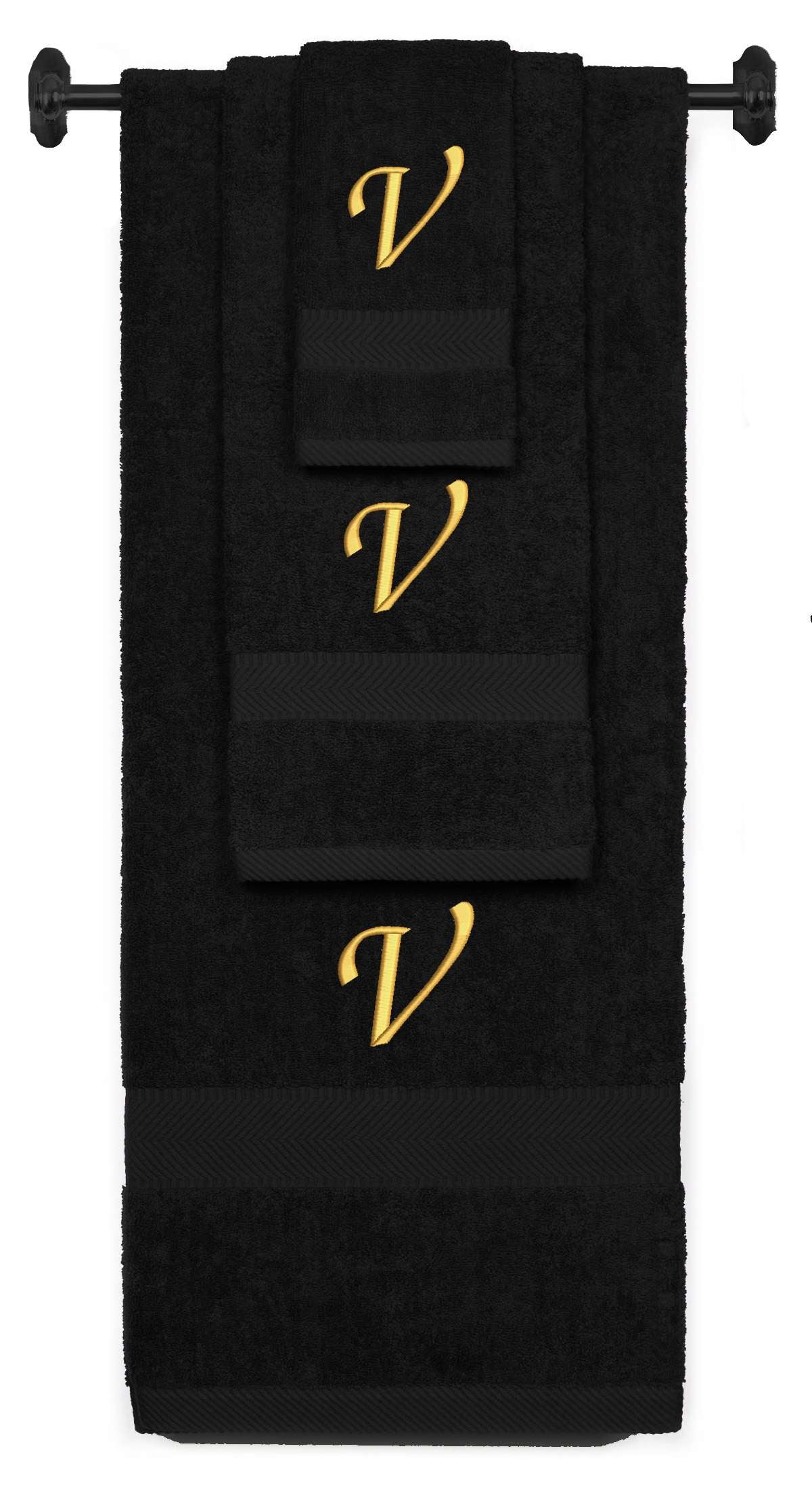 Black monogrammed towel set with Gold thread, Chancery font, initial V - 540 GSM cotton 3-piece