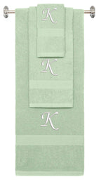 Mint Green monogrammed towel set with White thread, Chancery font, initial K - 540 GSM cotton 3-piece