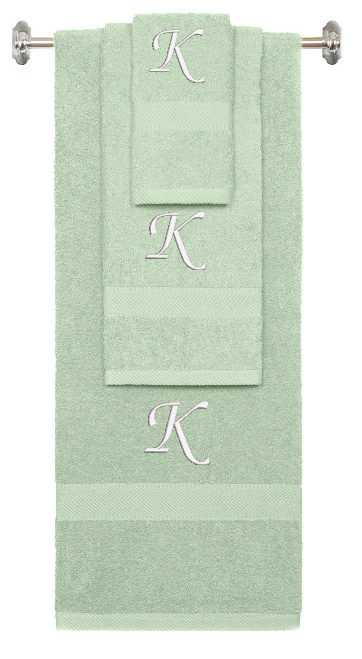 Mint Green monogrammed towel set with White thread, Chancery font, initial K - 540 GSM cotton 3-piece