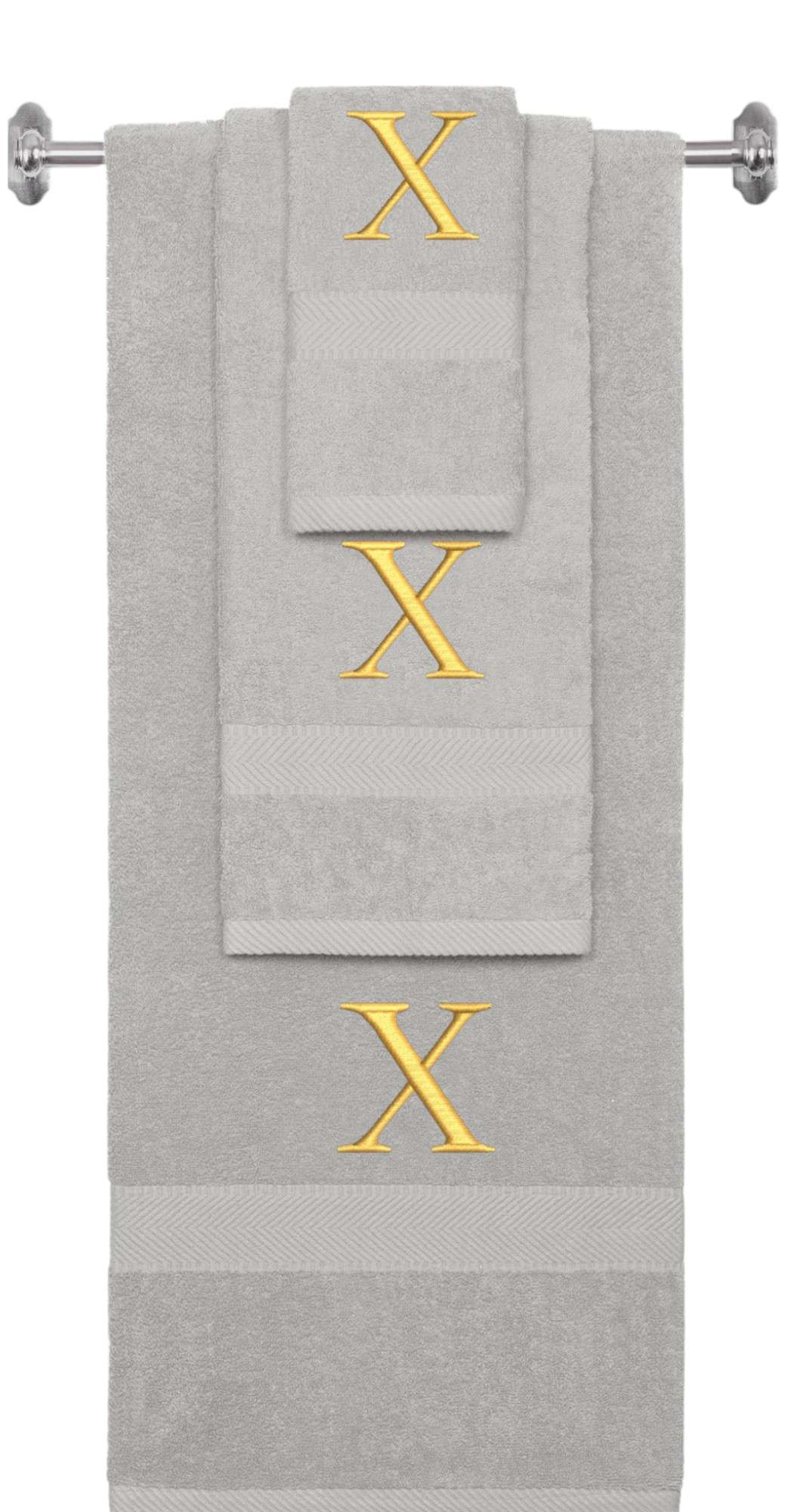 Silver monogrammed towel set with Gold thread, Times New Roman font, initial X - 540 GSM cotton 3-piece