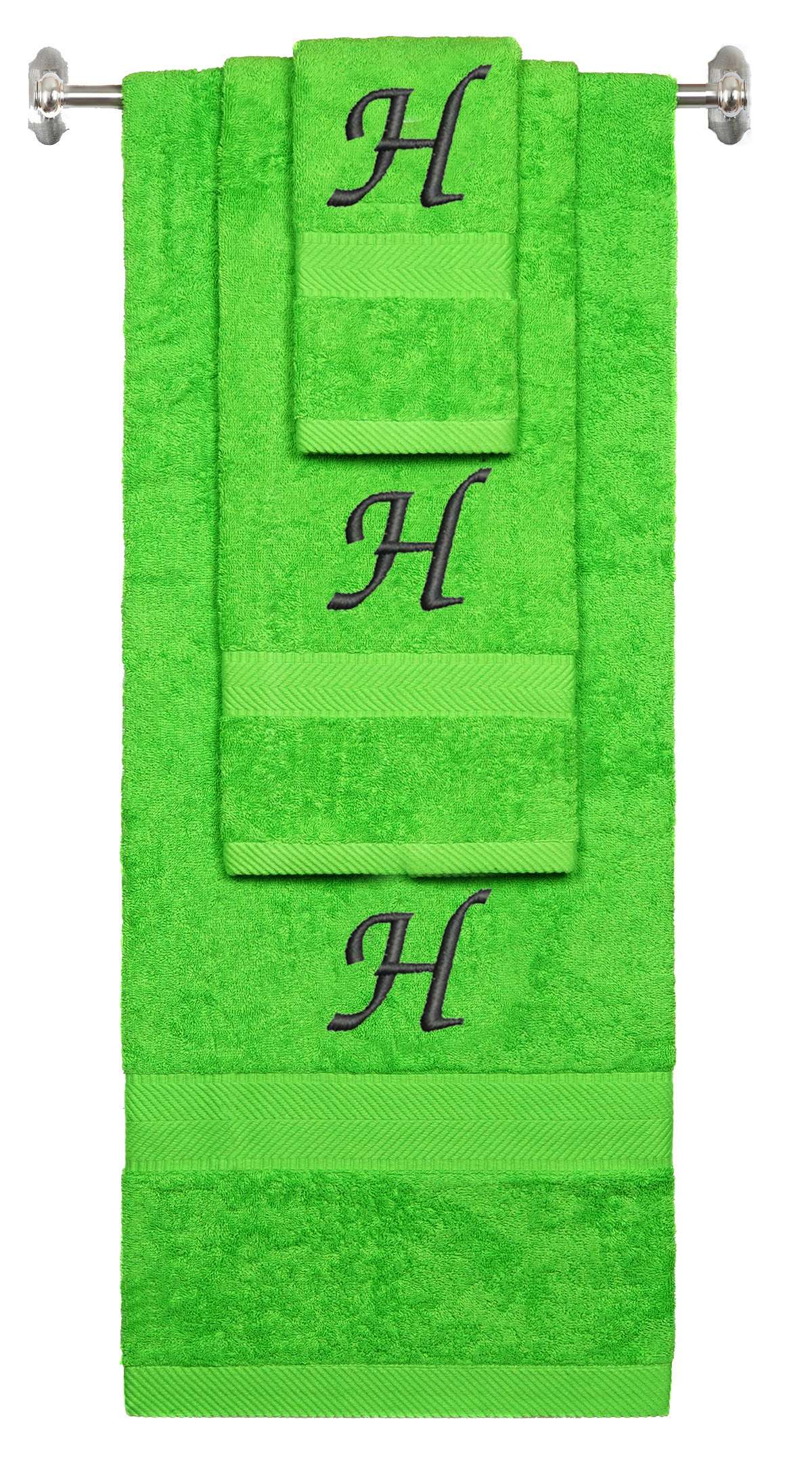 Lime monogrammed towel set with Black thread, Chancery font, initial H - 540 GSM cotton 3-piece