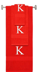 Red monogrammed towel set with White thread, Times New Roman font, initial K - 540 GSM cotton 3-piece