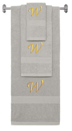 Silver monogrammed towel set with Gold thread, Chancery font, initial W - 540 GSM cotton 3-piece