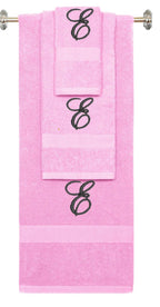 Pink monogrammed towel set with Black thread, Diana Script font, initial E - 540 GSM cotton 3-piece