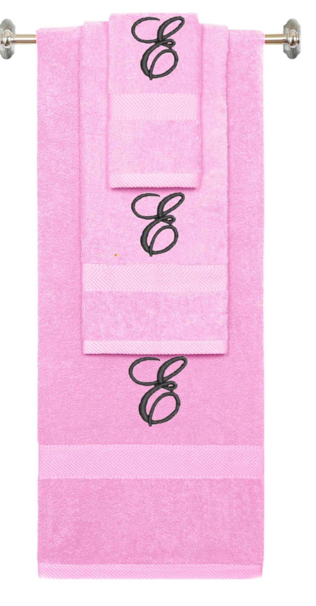 Pink monogrammed towel set with Black thread, Diana Script font, initial E - 540 GSM cotton 3-piece