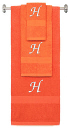 Orange monogrammed towel set with White thread, Chancery font, initial H - 540 GSM cotton 3-piece